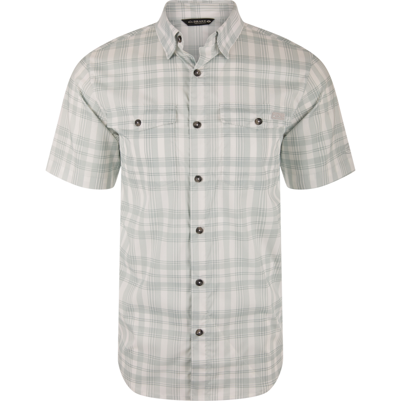 Frat Faded Plaid Button-Down Short Sleeve Shirt with hidden collar, vented back, chest pockets, and sculpted hem, ideal for active, outdoor enthusiasts.