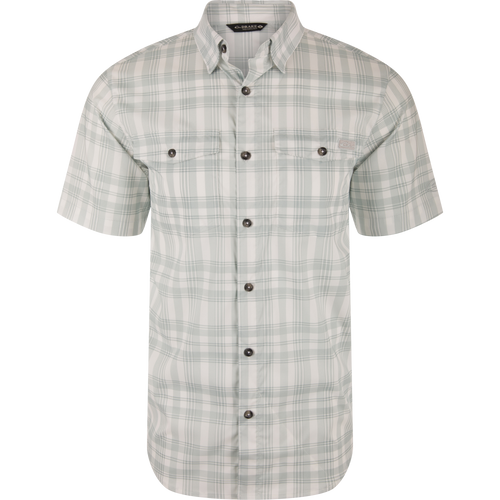 Frat Faded Plaid Button-Down Short Sleeve Shirt with hidden collar, vented back, chest pockets, and sculpted hem, ideal for active, outdoor enthusiasts.