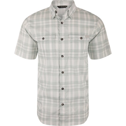 Frat Faded Plaid Button-Down Short Sleeve Shirt with hidden collar, vented back, chest pockets, and sculpted hem, ideal for active, outdoor enthusiasts.