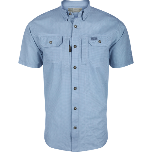 Marina Blue Frat Houndstooth Check Short Sleeve Shirt with button, collar, and fabric details for outdoor adventures.