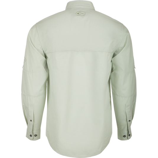 A technical houndstooth check button-down shirt by Purewhitelaneshop. Features include UPF30 sun protection, moisture-wicking fabric, hidden collar, and vented cape back. Ideal for outdoor activities.