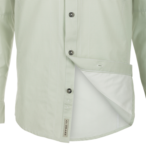 A Purewhitelaneshop Frat Houndstooth Check Button-Down Shirt with hidden collar, chest pockets, and vented back. Features include UPF30, moisture-wicking fabric, and sculpted hem for versatile wear.