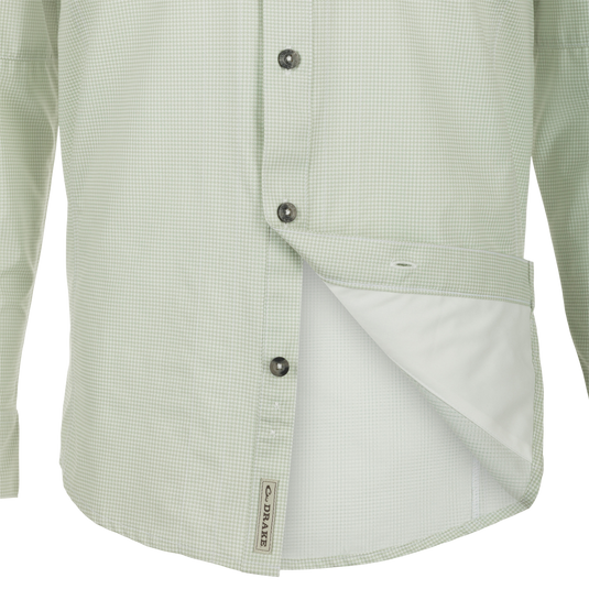 A Purewhitelaneshop Frat Houndstooth Check Button-Down Shirt with hidden collar, chest pockets, and vented back. Features include UPF30, moisture-wicking fabric, and sculpted hem for versatile wear.
