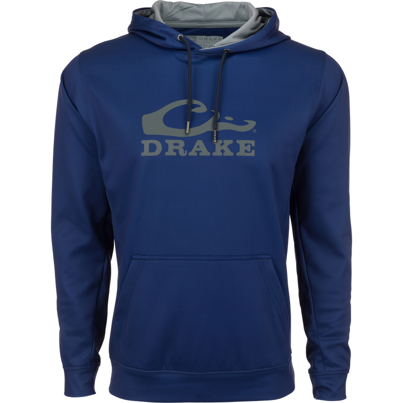 Alt text: Drake Performance Stacked Logo Hoodie with grey text, featuring a kangaroo pocket and adjustable hood.