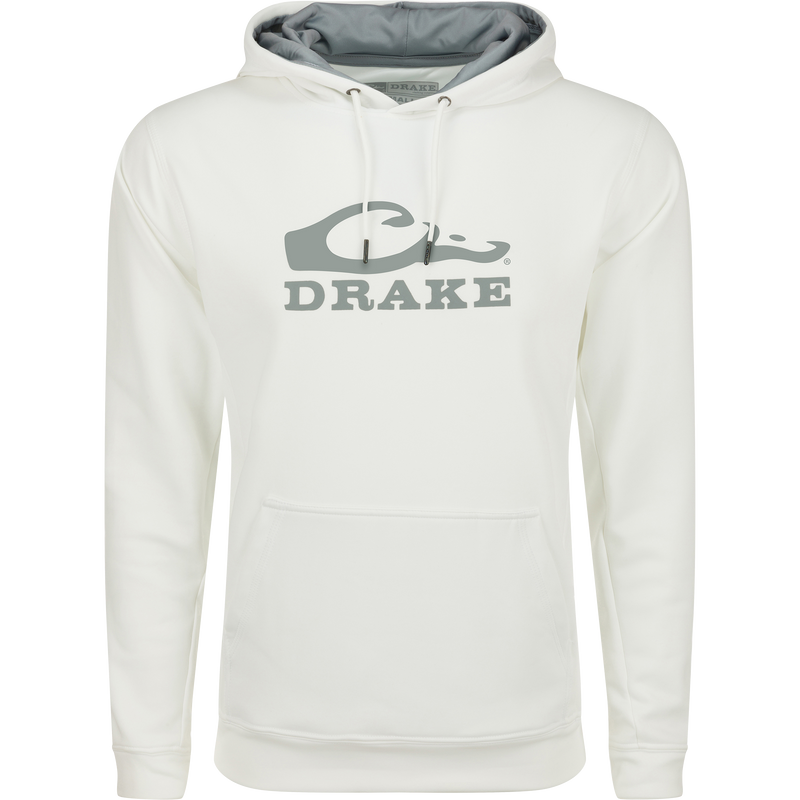 Alt text: Drake Performance Stacked Logo Hoodie with kangaroo pocket and adjustable drawstring hood, made of stretchy polyester-spandex fleece.