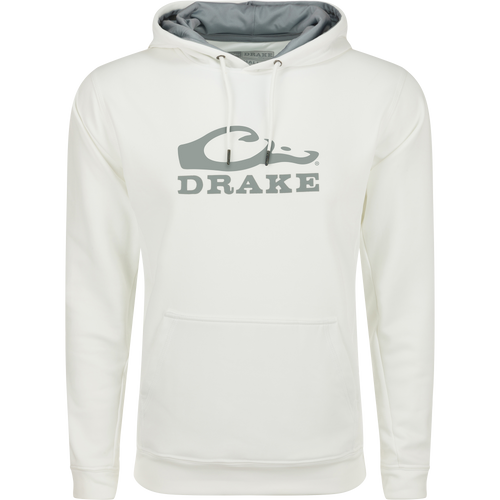 Alt text: Drake Performance Stacked Logo Hoodie with kangaroo pocket and adjustable drawstring hood, made of stretchy polyester-spandex fleece.