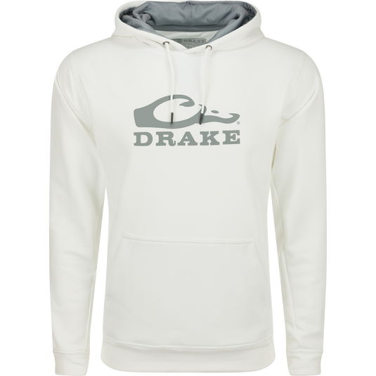 Alt text: Drake Performance Stacked Logo Hoodie with kangaroo pocket and adjustable drawstring hood, made of stretchy polyester-spandex fleece.