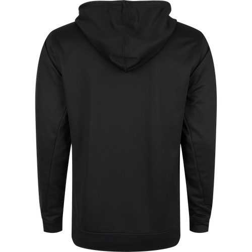 Alt text: Drake Performance Stacked Logo Hoodie with hood, kangaroo pocket, and adjustable drawstrings, made from stretchable polyester-spandex fleece.