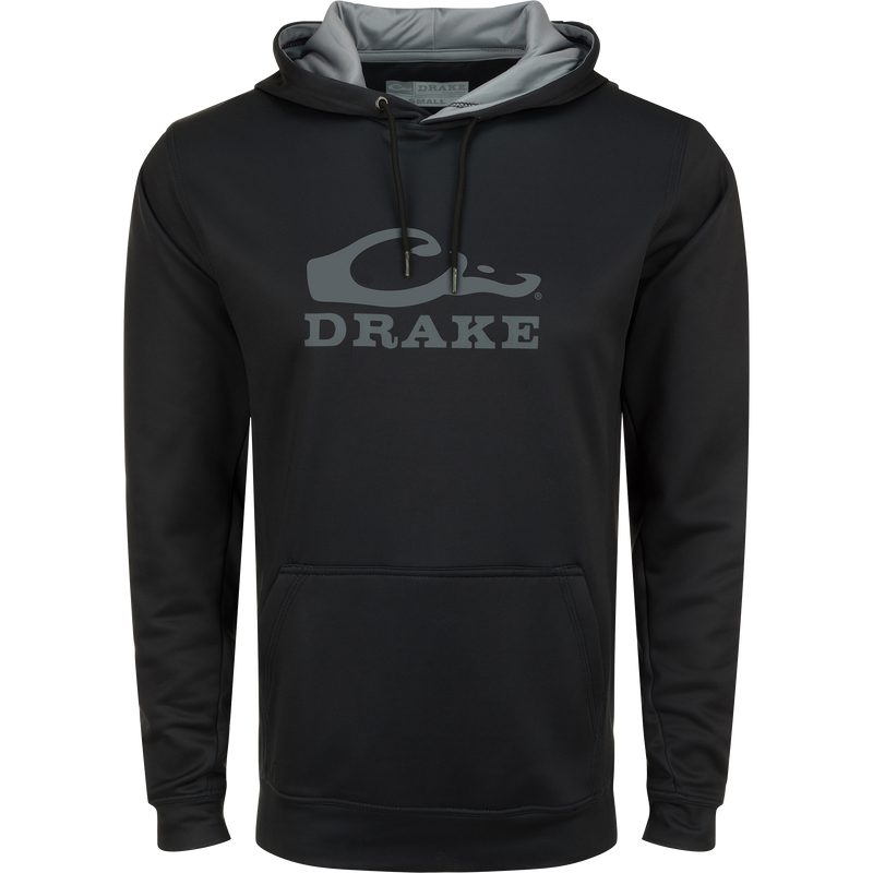 Black sweatshirt with grey text, featuring kangaroo pocket and lined hood with adjustable drawstrings. Made of stretchy, anti-pilling polyester and spandex fleece.