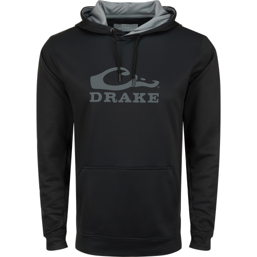 Black sweatshirt with grey text, featuring kangaroo pocket and lined hood with adjustable drawstrings. Made of stretchy, anti-pilling polyester and spandex fleece.