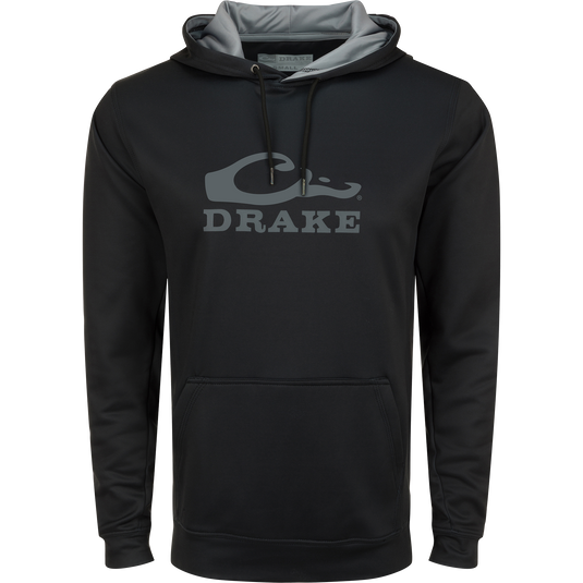 Black sweatshirt with grey text, featuring kangaroo pocket and lined hood with adjustable drawstrings. Made of stretchy, anti-pilling polyester and spandex fleece.