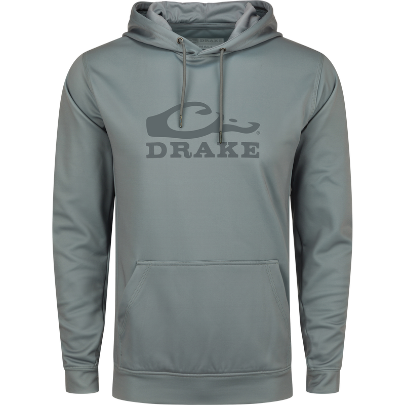 Grey Drake Performance Stacked Logo Hoodie with kangaroo pocket and adjustable drawstring hood, made of stretchy, anti-pilling polyester and spandex fleece.