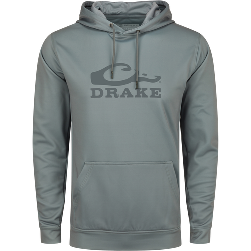 Grey Drake Performance Stacked Logo Hoodie with kangaroo pocket and adjustable drawstring hood, made of stretchy, anti-pilling polyester and spandex fleece.