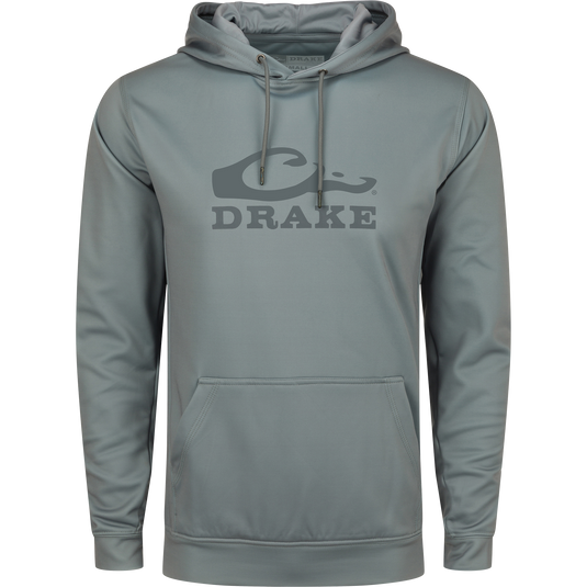 Grey Drake Performance Stacked Logo Hoodie with kangaroo pocket and adjustable drawstring hood, made of stretchy, anti-pilling polyester and spandex fleece.