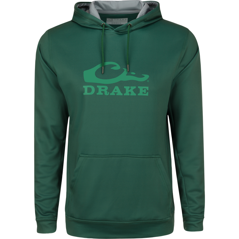 Stacked Logo Hoodie featuring a kangaroo pocket, lined hood with adjustable drawstrings, and anti-pilling outer shell made of stretchable polyester and spandex fleece.