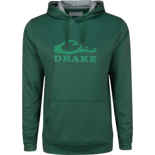 Stacked Logo Hoodie featuring a kangaroo pocket, lined hood with adjustable drawstrings, and anti-pilling outer shell made of stretchable polyester and spandex fleece.
