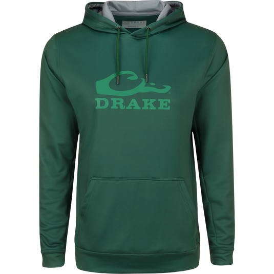 Stacked Logo Hoodie featuring a kangaroo pocket, lined hood with adjustable drawstrings, and anti-pilling outer shell made of stretchable polyester and spandex fleece.