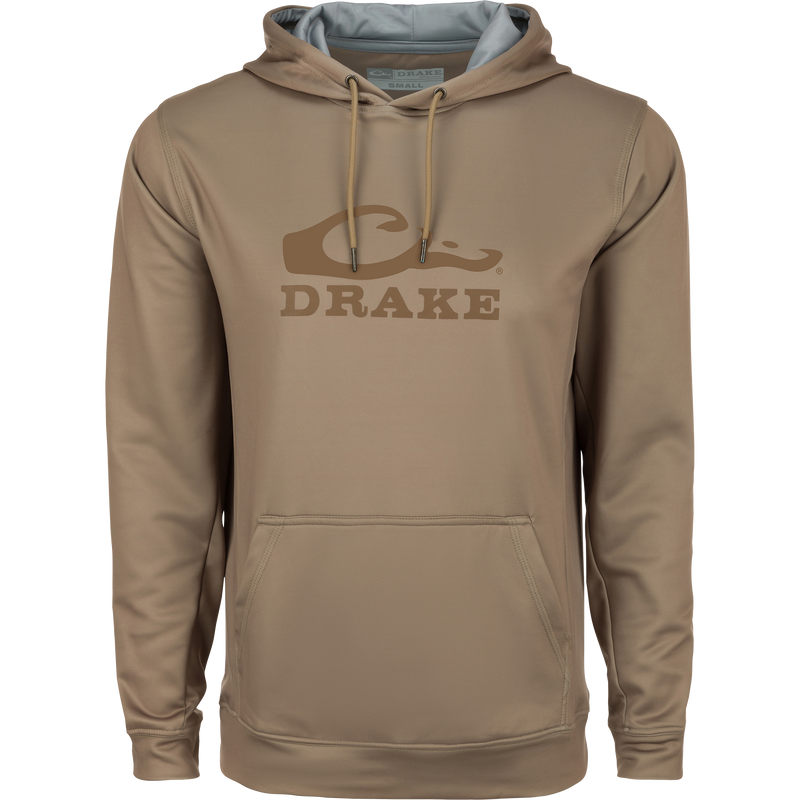 Brown Drake Performance Stacked Logo Hoodie with kangaroo pocket and adjustable hood, made of stretchy polyester-spandex fleece for comfort and durability.