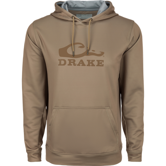 Brown Drake Performance Stacked Logo Hoodie with kangaroo pocket and adjustable hood, made of stretchy polyester-spandex fleece for comfort and durability.