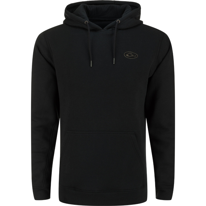 A high-quality Drake Three End Logo Hoodie in black, featuring a logo, kangaroo pocket, and lined hood with drawstrings. Ideal for outdoor activities and casual wear.