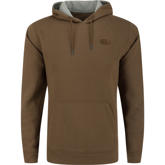 A high-quality Drake 3 End Logo Hoodie in brown, featuring a lined hood, kangaroo pocket, and adjustable drawstrings. Ideal for layering in cold weather.