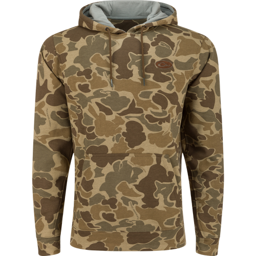A durable Drake 3 End Logo Hoodie in camouflage, ideal for outdoor adventures. Features a kangaroo pocket and adjustable hood for comfort and functionality.