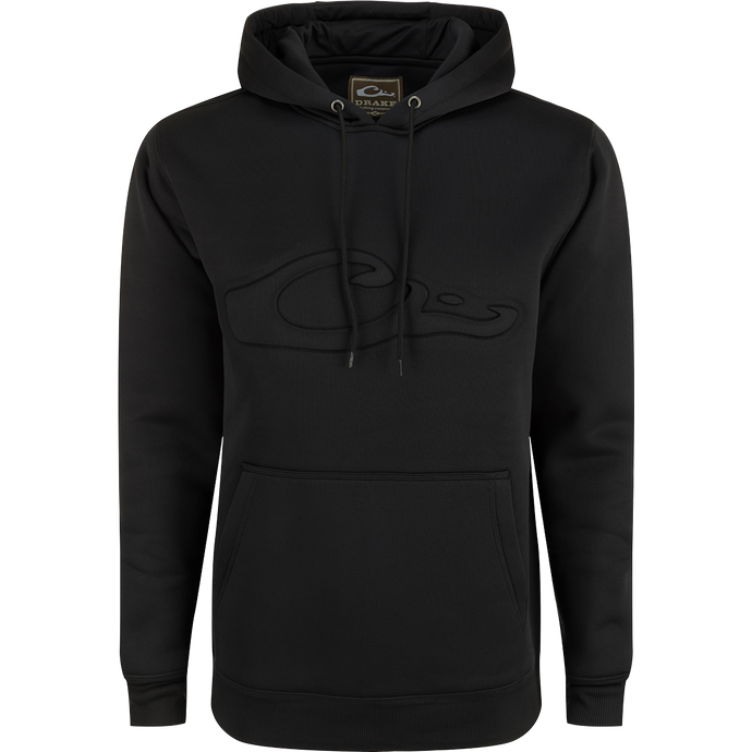 A durable Back Eddy Embossed Logo Hoodie from Purewhitelaneshop, crafted from 100% polyester with DWR coating for light rain protection. Features kangaroo pocket and adjustable hood for outdoor comfort.
