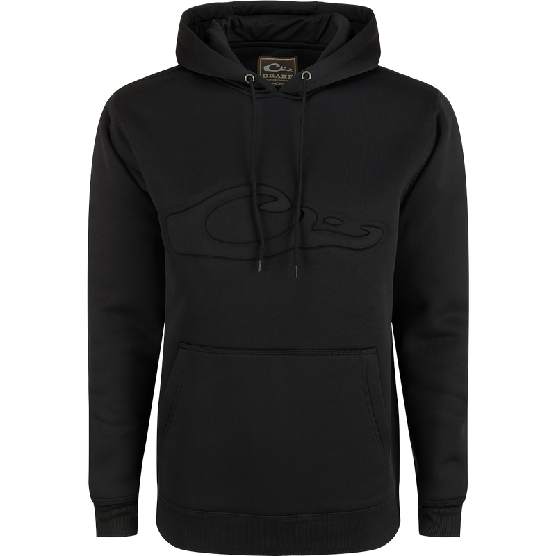 A durable Back Eddy Embossed Logo Hoodie from Purewhitelaneshop, crafted from 100% polyester with DWR coating for light rain protection. Features kangaroo pocket and adjustable hood for outdoor comfort.