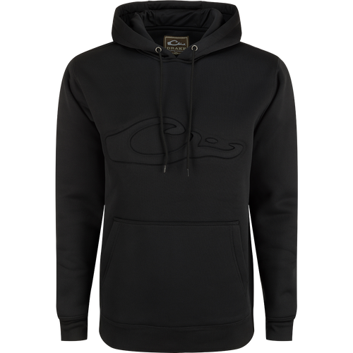 A durable Back Eddy Embossed Logo Hoodie from Purewhitelaneshop, crafted from 100% polyester with DWR coating for light rain protection. Features kangaroo pocket and adjustable hood for outdoor comfort.