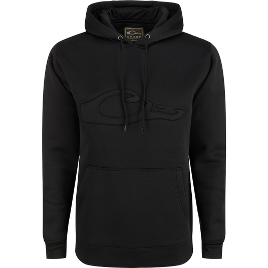 A durable Back Eddy Embossed Logo Hoodie from Purewhitelaneshop, crafted from 100% polyester with DWR coating for light rain protection. Features kangaroo pocket and adjustable hood for outdoor comfort.
