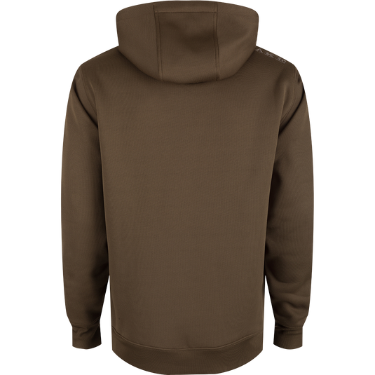 A brown Drake Back Eddy Embossed Logo Hoodie with kangaroo pocket and adjustable hood drawstrings. DWR coating for light rain protection, ideal for hunting and outdoor activities.