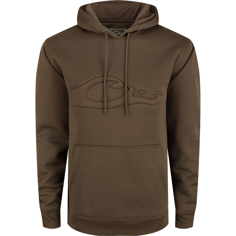 A durable Back Eddy Embossed Logo Hoodie by Purewhitelaneshop, featuring a raised logo, DWR coating, kangaroo pocket, and adjustable hood. Ideal for hunting and outdoor activities.