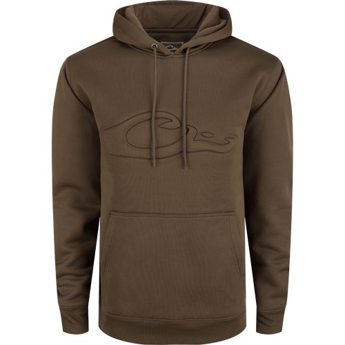 A durable Back Eddy Embossed Logo Hoodie by Purewhitelaneshop, featuring a raised logo, DWR coating, kangaroo pocket, and adjustable hood. Ideal for hunting and outdoor activities.