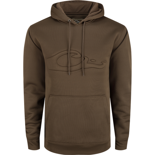 A durable Back Eddy Embossed Logo Hoodie by Purewhitelaneshop, featuring a raised logo, DWR coating, kangaroo pocket, and adjustable hood. Ideal for hunting and outdoor activities.