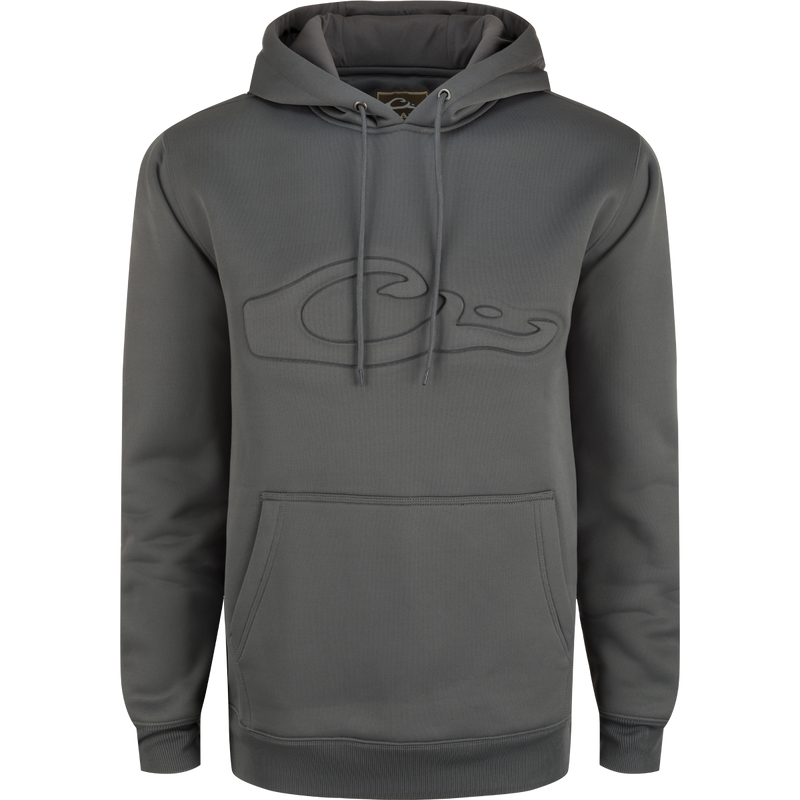A durable Back Eddy Embossed Logo Hoodie by Purewhitelaneshop, featuring a raised logo, DWR finish, kangaroo pocket, and adjustable hood. Ideal for outdoor activities.