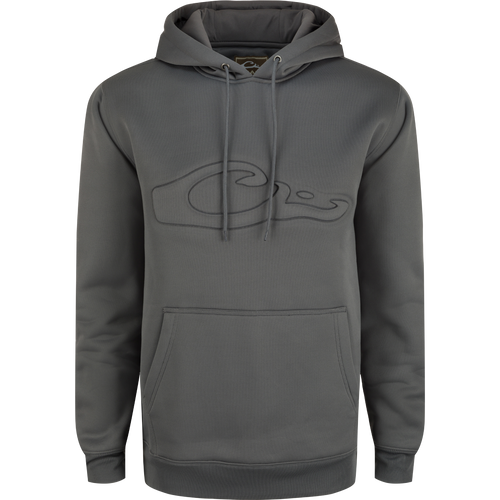 A durable Back Eddy Embossed Logo Hoodie by Purewhitelaneshop, featuring a raised logo, DWR finish, kangaroo pocket, and adjustable hood. Ideal for outdoor activities.
