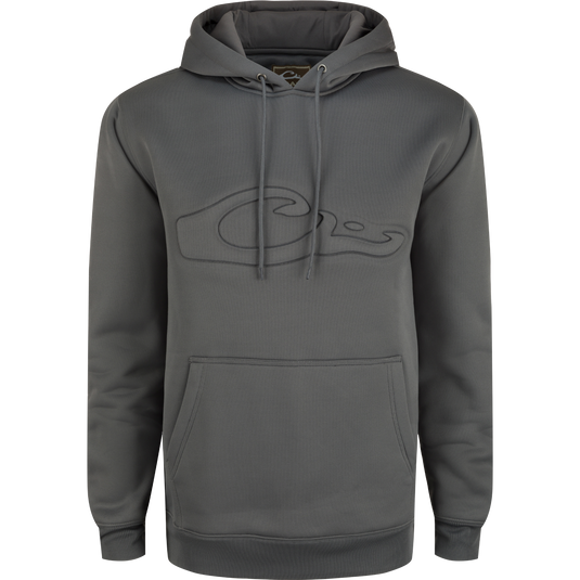 A durable Back Eddy Embossed Logo Hoodie by Purewhitelaneshop, featuring a raised logo, DWR finish, kangaroo pocket, and adjustable hood. Ideal for outdoor activities.