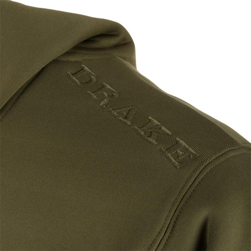 Back Eddy Embossed Hoodie featuring a raised logo, kangaroo pocket, and lined hood with drawstrings, showcasing water-resistant and stretchy polyester material, ideal for outdoor activities.