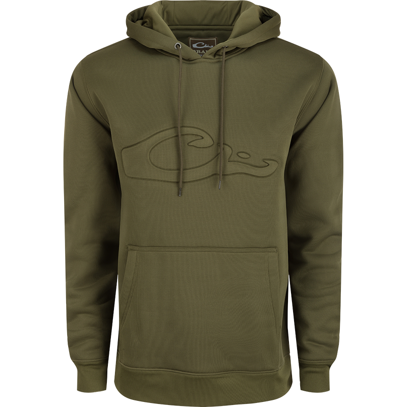A durable Back Eddy Embossed Logo Hoodie by Purewhitelaneshop, crafted from 100% polyester with DWR coating for light rain protection. Features kangaroo pocket and adjustable hood for outdoor comfort.