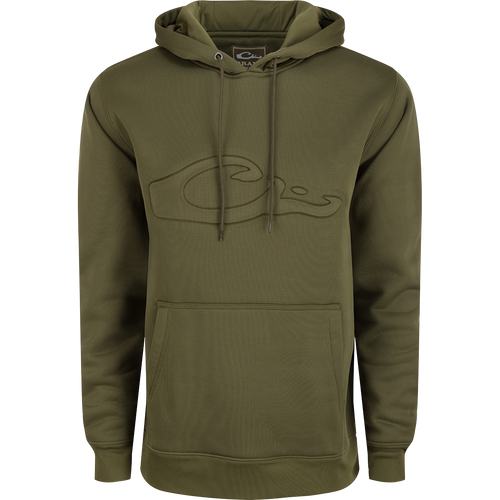 A durable Back Eddy Embossed Logo Hoodie by Purewhitelaneshop, crafted from 100% polyester with DWR coating for light rain protection. Features kangaroo pocket and adjustable hood for outdoor comfort.