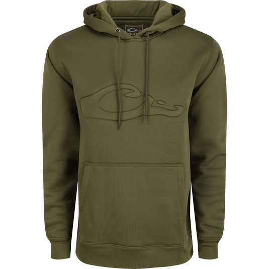 A durable Back Eddy Embossed Logo Hoodie by Purewhitelaneshop, crafted from 100% polyester with DWR coating for light rain protection. Features kangaroo pocket and adjustable hood for outdoor comfort.