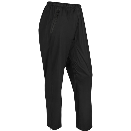 Tempest Ultralight Packable Rain Pant with zipper on black pants, perfect for spring showers. Waterproof, windproof, and breathable.