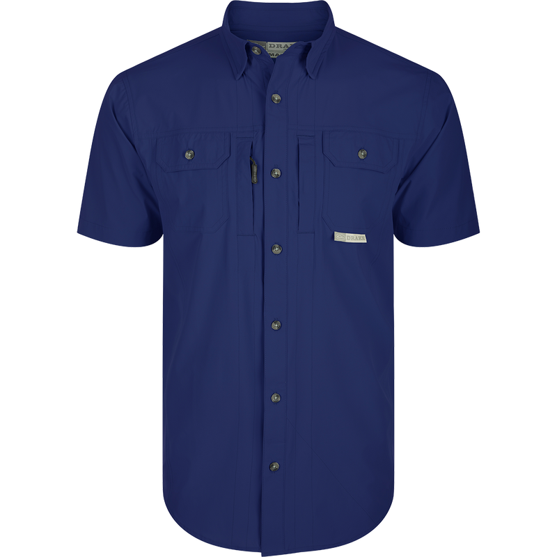 Wingshooter Trey Shirt S/S featuring technical performance fabric, hidden collar, vented back, and multiple pockets for convenience: Blue Depths Navy
