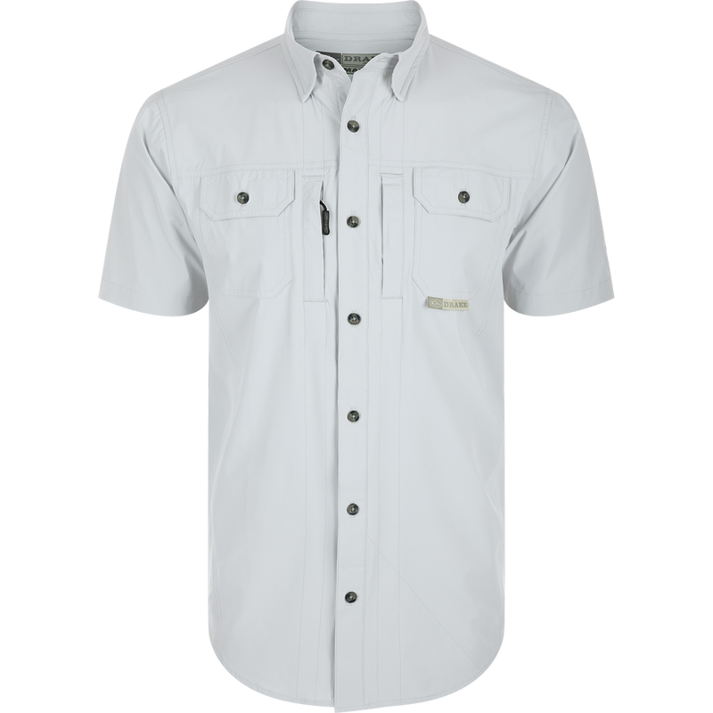 Wingshooter Trey Shirt S/S featuring hidden collar, vented back, and multiple pockets for outdoor performance. Bright White.