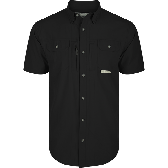 Wingshooter Trey Shirt S/S: Black shirt with pocket, buttons, and technical features for outdoor activities: Caviar Black