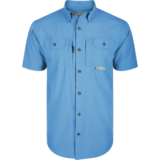 Wingshooter Trey Shirt S/S with hidden collar, vented back, and functional pockets, made of performance fabric for outdoor activities: Marina Blue
