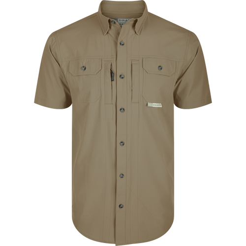 Wingshooter Trey Shirt S/S: Silky performance shirt with hidden collar, chest pockets, vented back, and unique features for outdoor activities: Timber Wolf Khaki