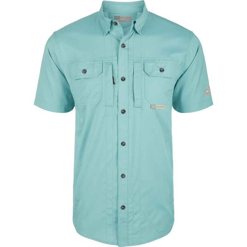 Aqua Haze Wingshooter Trey Solid Dobby Shirt S/S: Lightweight performance shirt with hidden collar, vented back, and unique pocket system.