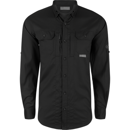 Close-up of the Wingshooter's Trey Dobby Button-Down Long Sleeve Shirt, highlighting the textured fabric, hidden button-down collar, and vented cape back for enhanced performance.