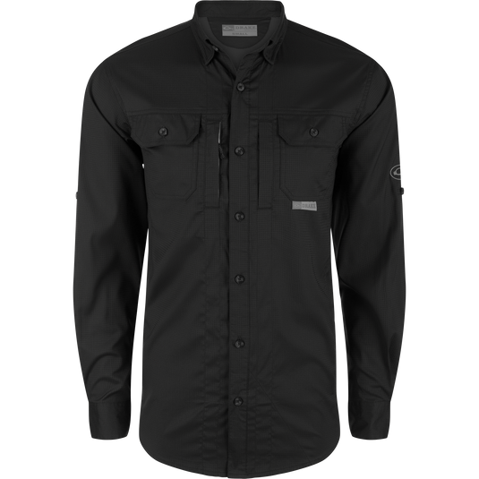 Close-up of the Wingshooter's Trey Dobby Button-Down Long Sleeve Shirt, highlighting the textured fabric, hidden button-down collar, and vented cape back for enhanced performance.